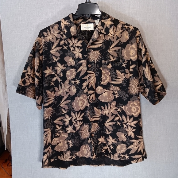 VTG Bill Blass Silk Shirt Large Black Beige Hawaiian Cruise Vacation Button Down - Picture 2 of 5